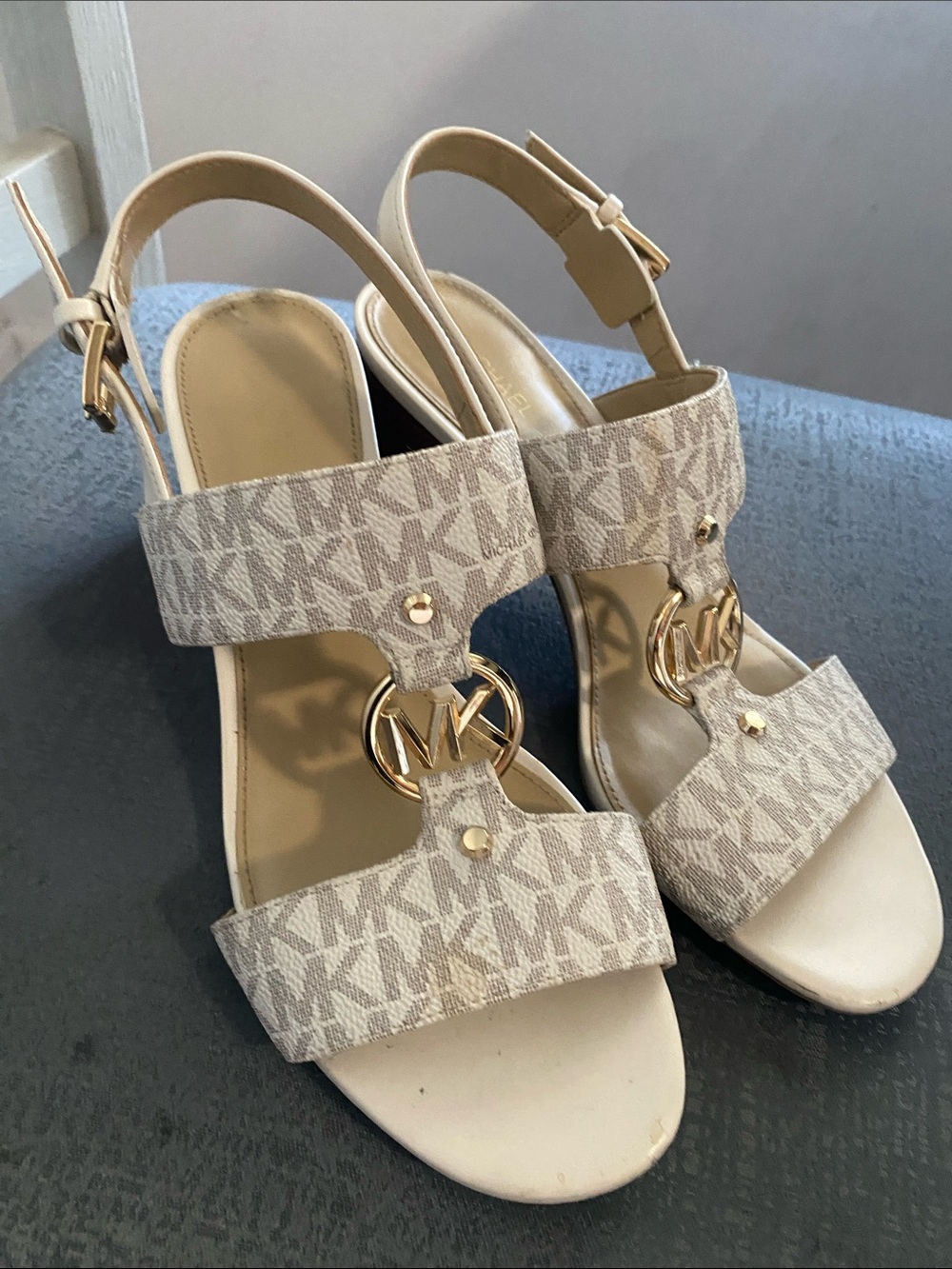 Michael Kors Cream MK Logo Slingback Heels with Gold Accents
